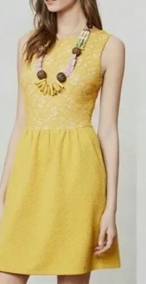 Anthropologie Maeve mustard yellow dress lace overlay sleeveless fit & flare M thumbnail 1