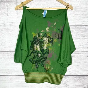 Vintage Y2K Green Butterfly Print Gold Chain Cold Shoulder Top Size Small thumbnail 1