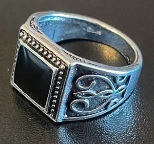 Vintage antique silver plated obsidian ring size 7.5 thumbnail 3