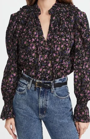 Free People Meant to Be Blouse Medium Black Floral Boho Romantic Puff Sleeve Top thumbnail 1