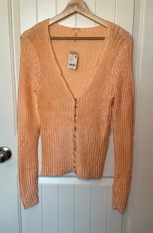 NWT Free People Waffle Knit Pucker Up Small Cardi Tender Peach thumbnail 1