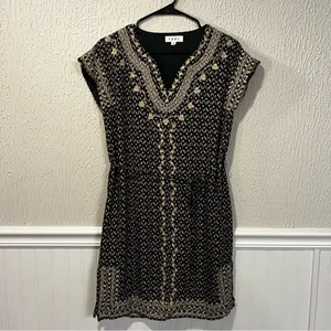 THML Black and Cream Embroidered Printed V-Neck Shift Dress with Tie size small thumbnail 5