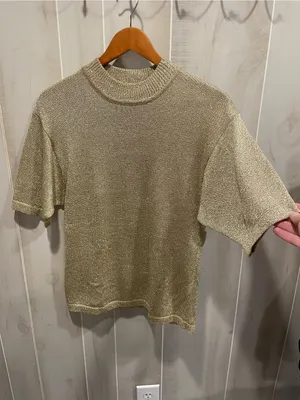 Cute vintage 90s metallic gold short sleeve sweater holiday fancy event thumbnail 7