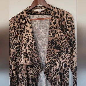 Boston Proper Cardigan Womens XS Brown Leopard Print Open‎ Front Waterfall Knit thumbnail 2