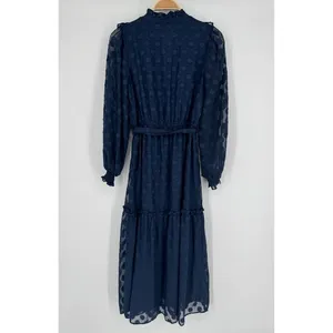 Moon River‎ Navy Polka Dot Midi Dress Small Sheer Long Sleeve Ruffle Tie Belt thumbnail 6