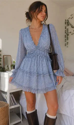 Blue Ruffle Open Back Mini Dress Coquette Cottagecore Size M thumbnail 1