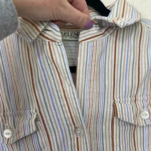 Selene Sport Vintage Linen Rayon Striped Roll Tab Sleeve Button Up Shirt ~ Sz L thumbnail 6