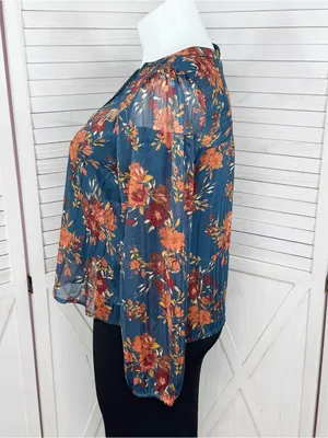 Frye Floral Metallic Jacquard Sheer Blouse Teal Blue Burnt Orange Large Boho thumbnail 2