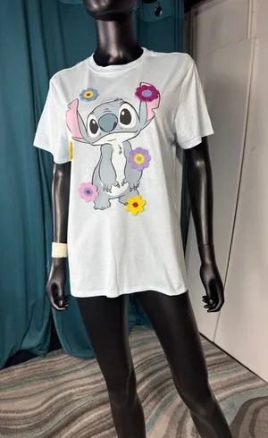 Disney Stitch Flower T-Shirt Womens Blue Graphic Crew Neck Short Sleeve‎ thumbnail 1