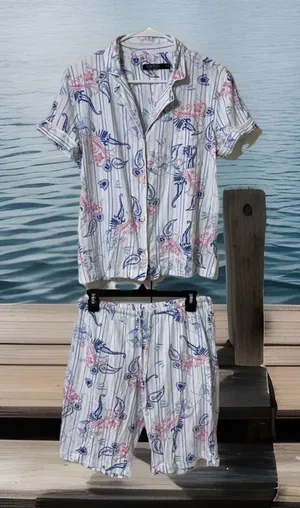Y2K SWEET LRL Ralph Lauren Sleepwear PJ Set Barbie Top+Shorts Floral Haiwii Sz M thumbnail 1