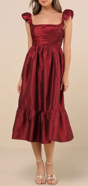 NWT Lulus Size XS Poised Passion Wine Red Taffeta Pleated Ruffled Midi Dress thumbnail 1