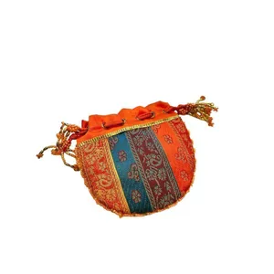 Orange beaded Indian drawstring jewelry/cosmetic pouch - beaded one side - desig thumbnail 2