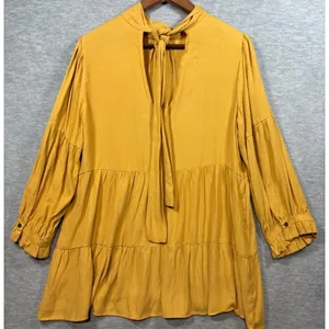 Maeve Anthropologie Mustard Goldie‎ Tiered Tunic Top Tie Neck Back Sz S thumbnail 2
