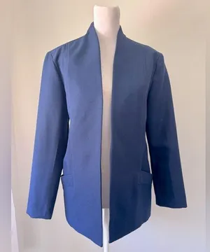 Vintage ‘80s Bending Easy Navy Blue Lightweight Collarless Open Front Blazer thumbnail 1