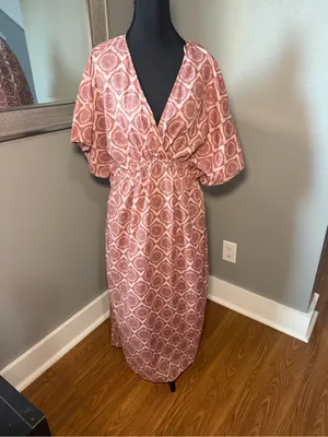 NWOT Zara Cotton Geometric Print Boho Festival Kafan Maxi Dress Pink Medium thumbnail 2
