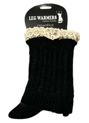 NWT boot cuffs leg warmers black with ecru lace trim thumbnail 1