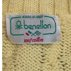 Vintage Benetton Yellow Cable Knit Sweater Vest Italy 100% Cotton V-Neck‎ Est. M thumbnail 3