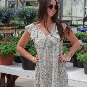 Hem & Thread NWT Peony Floral Ruffle Mini Dress Blue and Yellow Linen Size Small thumbnail 5