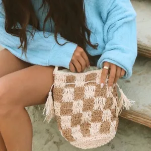 Lu & Elle Sundrift Tassel Bucket Bag Woven Tassel Checkered Crossbody Boho NWT thumbnail 3
