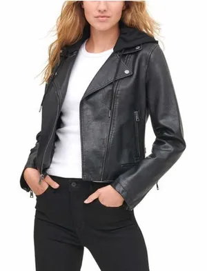 Levi’s Faux Leather Moto Jacket with Hood Size Small thumbnail 1