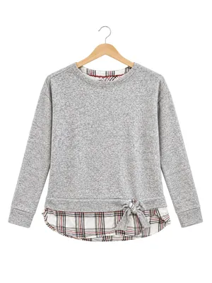 IZOD Cottagecore preppy southern soft crewneck top W layered plaid tie detail L thumbnail 2