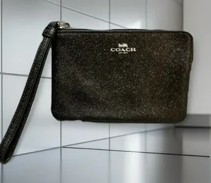 Coach Black Saffiano Leather Zip Wristlet with Gold Logo thumbnail 1