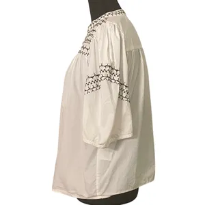 Calligraphie White Embroidered Peasant Blouse Cotton Boho Puff Sleeve Top Small thumbnail 2