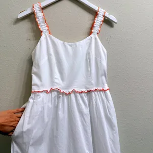 J.Crew White Cotton Scalloped-Trim‎ Tiered Midi Dress Size 0 Pockets Resortwear thumbnail 6