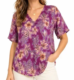 Women's Purple Magenta Floral Paisley Blouse Size L V-Neck Short Sleeve Boho Top thumbnail 1