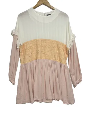 Babydoll Gauzy Tunic Top Pastel Mixed Media Lace Boho Peasant Cottage Feminine M thumbnail 1