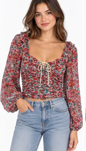 Free People Red Floral Square-Neck Ruffle Blouse size XS thumbnail 1