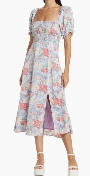 ASTR Smocked Square-Neck Floral Midi Dress in Pastel Multi, Medium NWT thumbnail 1