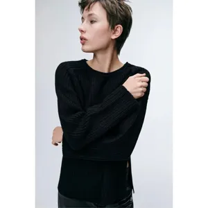 ZARA Wool Blend Solid‎ Black Shaker Knit Pullover Sweater Minimalist Medium thumbnail 5