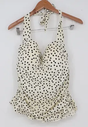 Eco Swim Tankini Top Women's 12 Cream Black Polka Dot Halter Good thumbnail 1