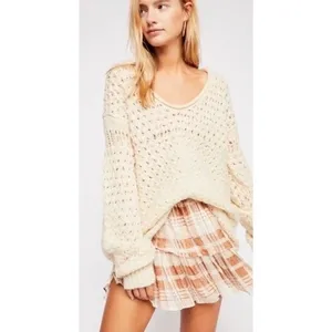 FREE PEOPLE Crashing Waves Scoop Neck Sweater Solid Cream Pullover Knit Small thumbnail 4
