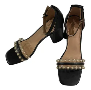 Comfort Sandals Black Faux Leather Pearl Embellished Block Heel Women’s 9W thumbnail 1