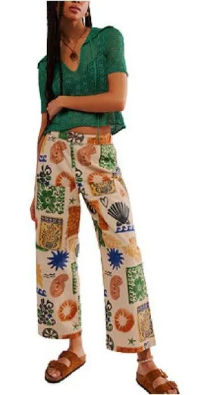 Free People Cotton Seaside Printed Pull On Pants Womens Small Shells Sun Waves thumbnail 1