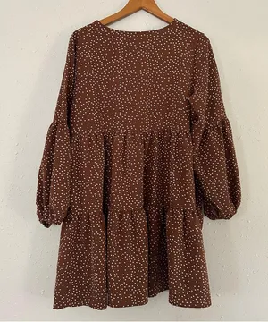 🦋 Brown White Polka Dot Ruffle Long Sleeve Baloon Sleeve Mini Dress Fall XL thumbnail 4
