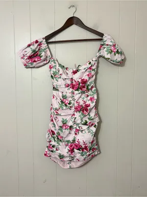 Hello Molly Find An Oasis Mini Dress Pink Floral Puff Sleeve Ruched Size M NWT thumbnail 14