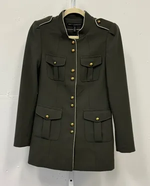 White House Black Market Olive Green Longline Military‎ Jacket Gold Buttons XS thumbnail 1