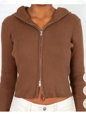 Brandy Melville Brown Ribbed Double-Zip Crop Top thumbnail 1
