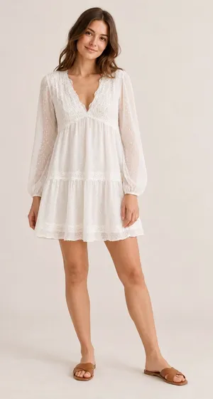 Lulus White Swiss Dot Lace Long Sleeve Babydoll Mini Dress M thumbnail 1