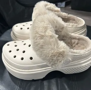 CROCS Cream Faux-Fur Lined Platform Clog Mules thumbnail 1