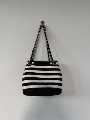 Striped Black and Cream Shoulder Bag with Chain Strap Black thumbnail 3