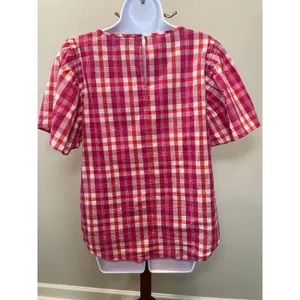 Ann Taylor Top Pink Orange White Plaid Loose Fit Size L thumbnail 2