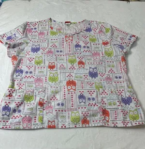 Dickies Womens Owl Print Scrub Top White Multicolor V-Neck Short Sleeve XL thumbnail 1