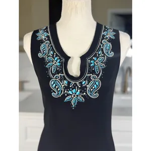 Team Athletics Beaded Paisley Tank Top Womens Medium Black Turquoise Sleeveless Split Neck thumbnail 4