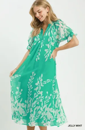 Umgee Floral Print Tie Waist Midi Dress with Side Pockets - Jelly Mint - Small thumbnail 1