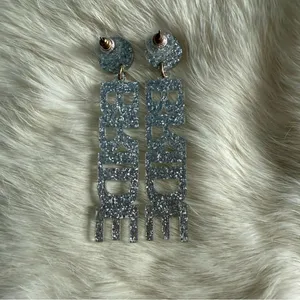 Bride Acrylic Silver Glitter Sparkle Drop Earrings. thumbnail 2