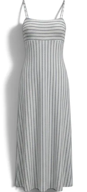 Faherty Linen Dress Womens L Maxi Isha Blue White Striped Smocked EUC thumbnail 1